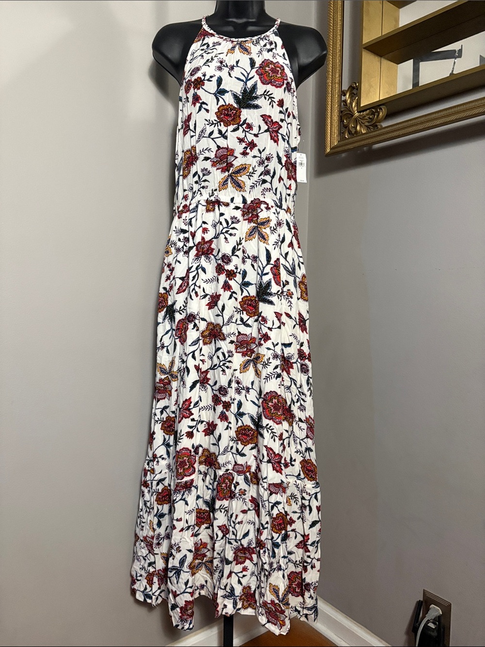 NEW Old Navy Small White Floral Halter Waist Defined Braided Strap Maxi Sundress